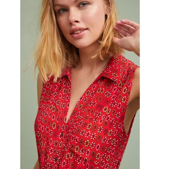 Anthropologie Maeve Daisy Red Patterned Shirt Dress - Picture 2 of 9